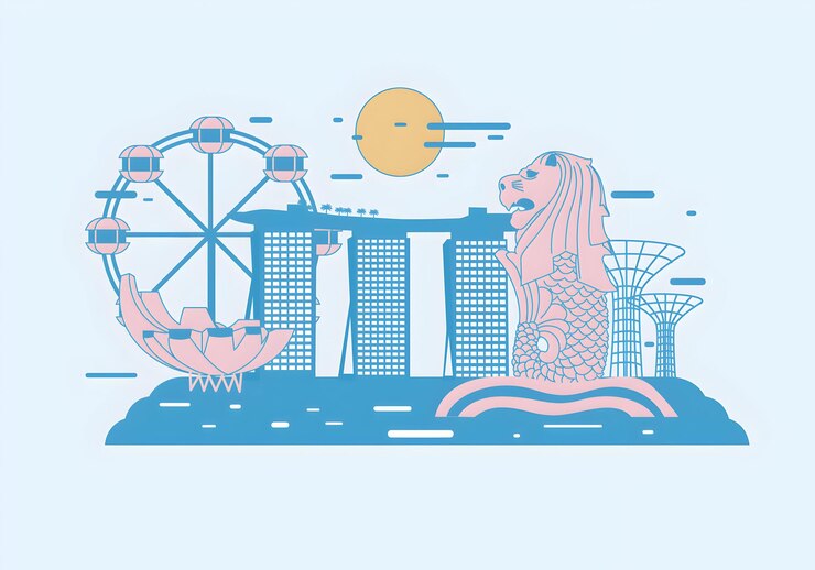 Vector singapores iconic landmarks merlion marina bay sands and gardens by the bay