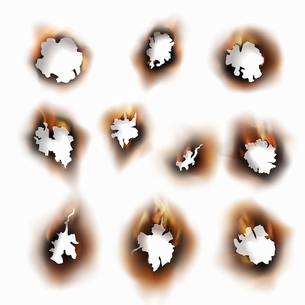 Singed paper Burnt round holes flame collection parchment with burns sheet edge ash brown effect fire cracked dirty document burned destroyed grunge texture vector realistic isolated set