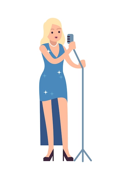 Cantante che si esibisce. la cantante femminile si leva in piedi in vestito blu con il microfono e canta la canzone, la performance musicale. illustrazione isolata del fumetto di vettore piatto del concetto di intrattenimento per concerti sinfonici o karaoke