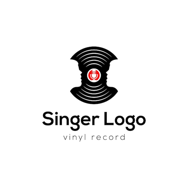 Cantante vocal karaoke / coro con disco in vinile di musica - logo design silhouette di un canto del viso di una donna