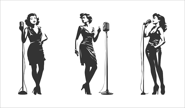 Singer woman 50s black white ink style Vector illustration
