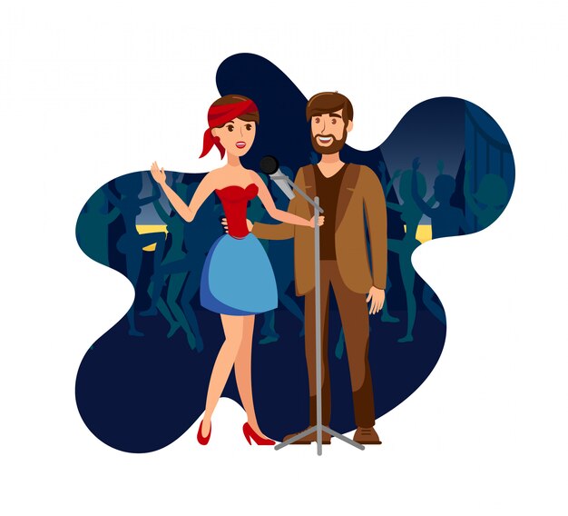 Vector singers duet at night club party flat illustration