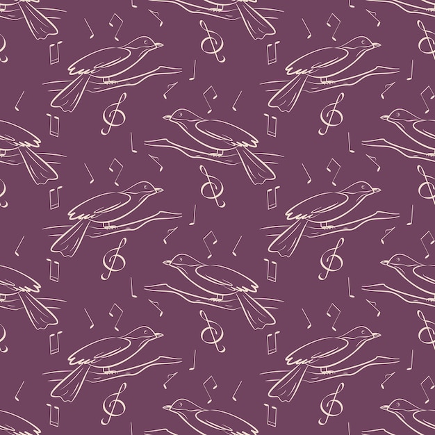 Vector singing birds and musical notes seamless pattern