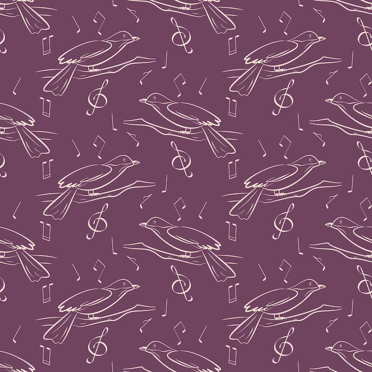 Vector singing birds and musical notes seamless pattern