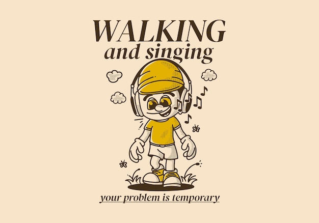 Singing and walking a boy wearing big headphone walking alone vintage illustration character