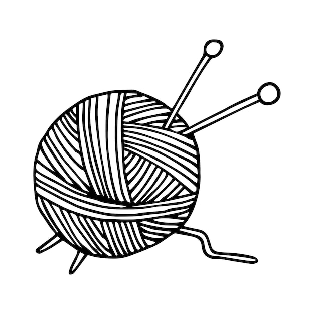 Single ball of woolen thread with needles icon Hand drawn vector illustration doodle style outline