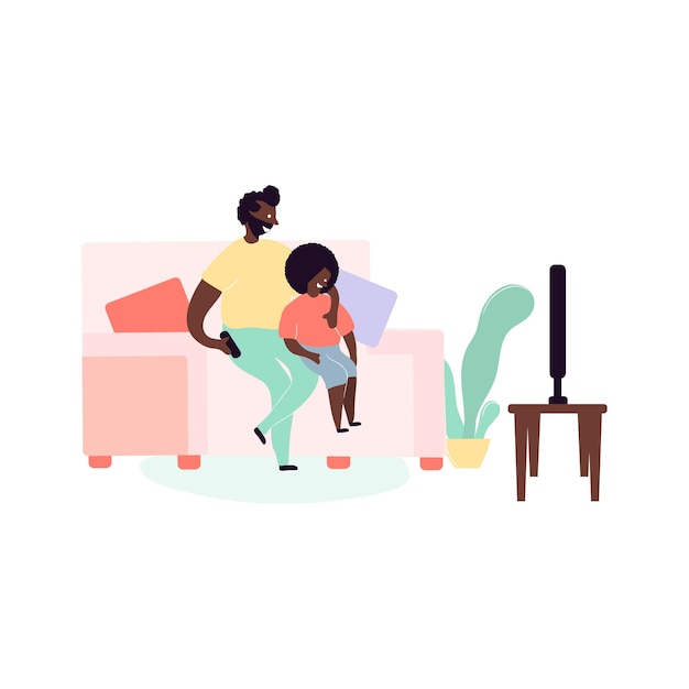 Одинокий черный отец и сын афроамериканцы сидят на диване и смотрят телевизор