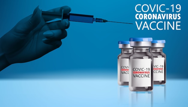 A single bottle vial of covid coronavirus vaccine with hand holding syringe