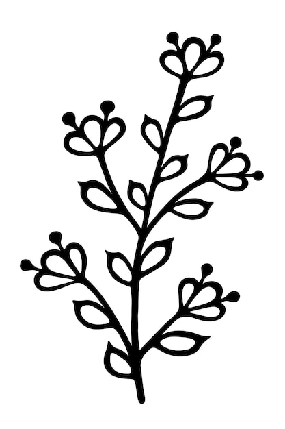 白い背景に分離されたインクの葉を持つ単一の枝手描きベクトル装飾要素