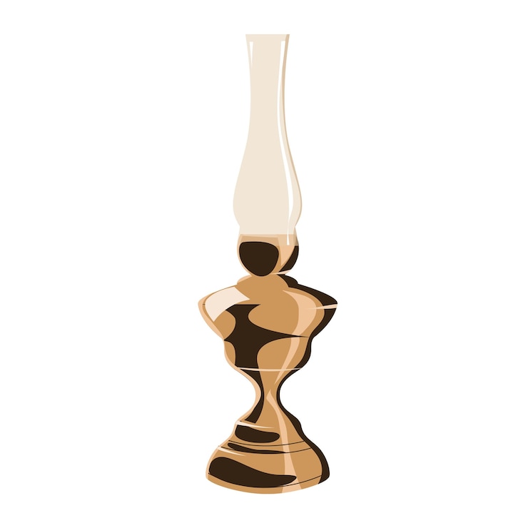 Vector single candle standing in simple vintage candlestick with handle, flat vector illustration isolated.