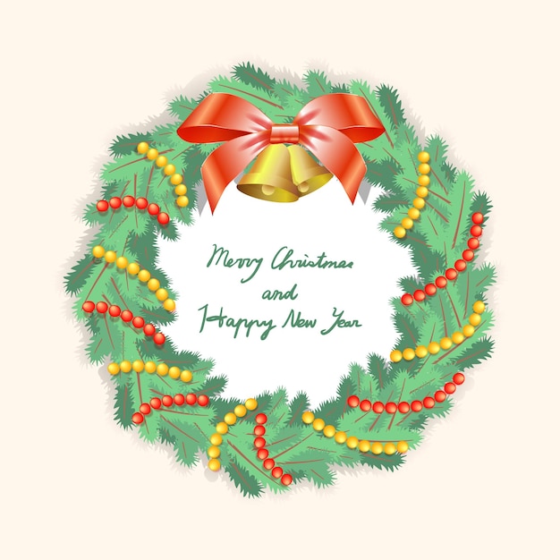 Single Christmas wreath on light background with bells and bows, strings of beads