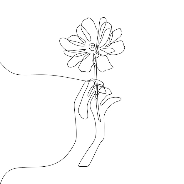 Vector single continous line art of hand holding a flower