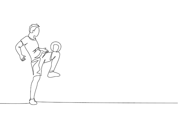 Single continuous line draw of sportive man train soccer freestyle juggling with thigh on the field
