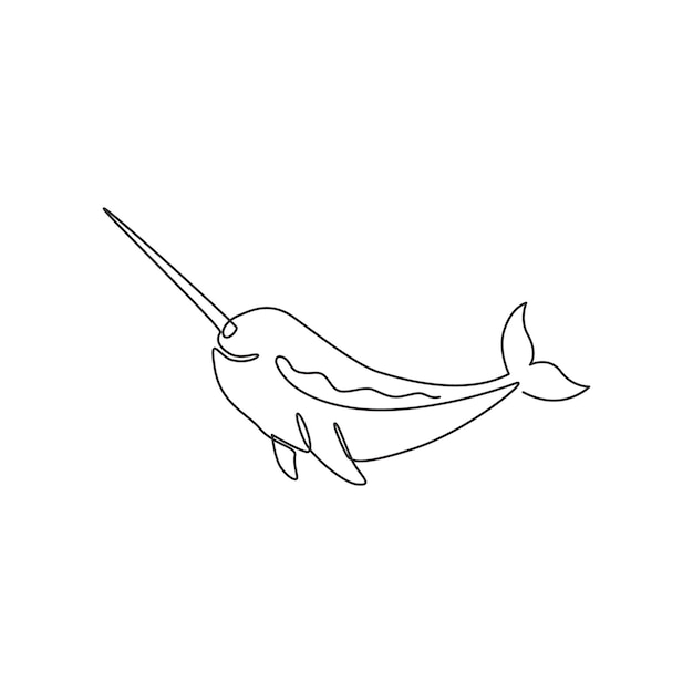 Single continuous line drawing of adorable narwhal Narwhale mascot for magical icon design vector