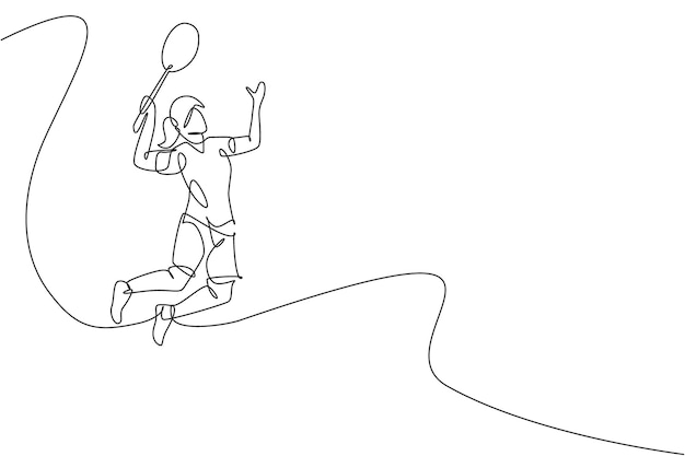 Однолинейный непрерывный рисунок ловкого игрока в бадминтон, прыжок, удар по шаттлу, вектор спортивного дизайна
