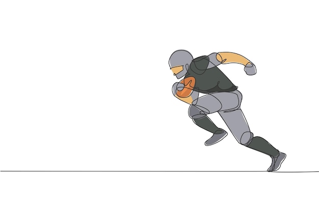 Linea continua che disegna un uomo agile, un giocatore di football americano che corre veloce per raggiungere la linea di punteggio