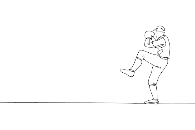 Одна непрерывная линия рисует ловкого бейсбольного питчера, тренирующегося бросать мяч. Вектор дизайна