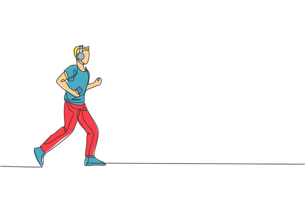 単一連続ラインの描画 敏捷な男 ランナー 落ち着いて走って 音楽を聞いてリラックスする デザインベクトル