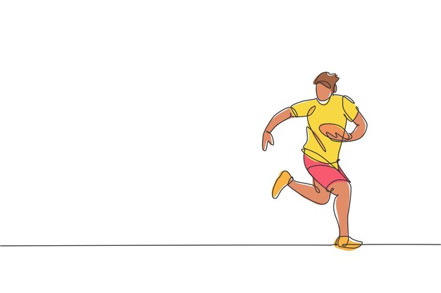 Единая непрерывная линия, рисующая ловкого игрока в регби, бегущего и держащего мяч. вектор спортивного дизайна
