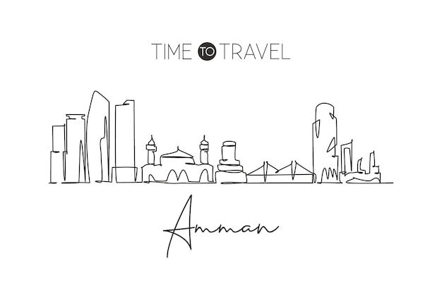 Vector single continuous line drawing of amman skyline jordan famous scraper and landscape design vector