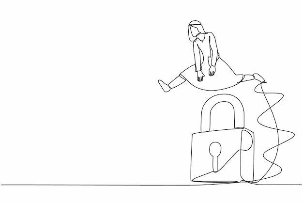 Single continuous line drawing Arab businessman jumping over big lock Unlock business opportunity