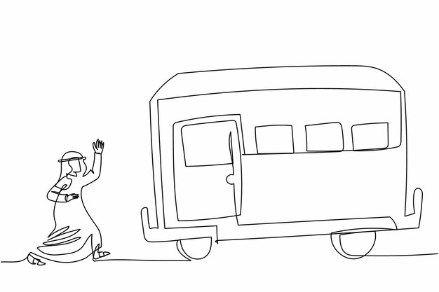 Single continuous line drawing Arab businessman running chasing train Latecomer worker running