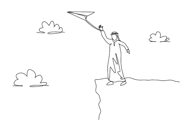 Single continuous line drawing Arab businessman waving hand to flying paper plane from top vector