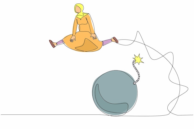 단일 연속 라인 그림 아랍 사업가 여성이 폭탄을 뛰어넘는 경제 위기의 폭발