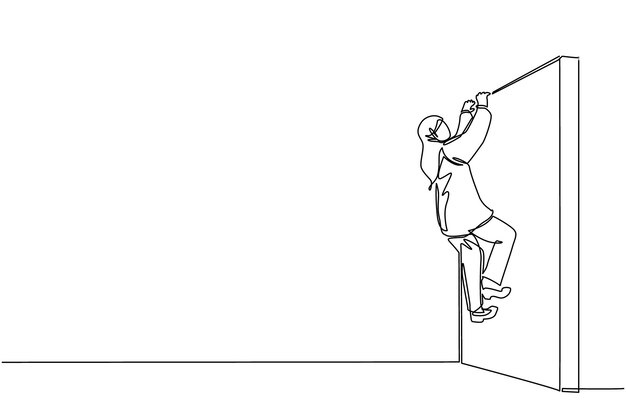 壁に向かって立って大きなハンマーを握っているアラブのビジネスウーマンを描く単一の連続線