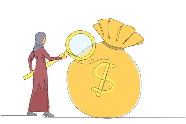 Single continuous line drawing Arab businesswoman stood checking out giant money bag with magnifier