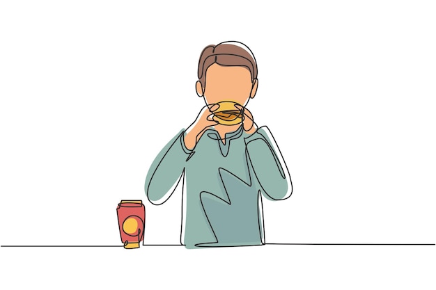 Vector single continuous line drawing arabian boy having hamburger meal with hands enjoy and happy lunch