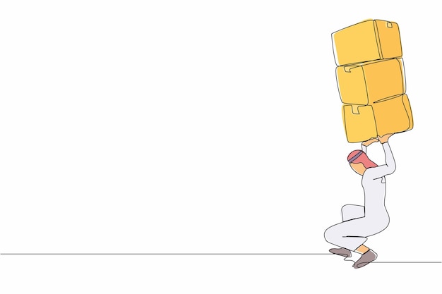 Single continuous line drawing Arabian businessman carrying heavy pile of boxes on back illustration