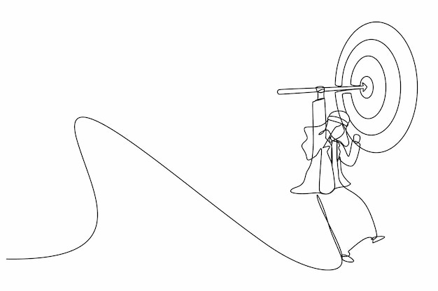 Single continuous line drawing Arabian businessman hanging arrow on target business success concept