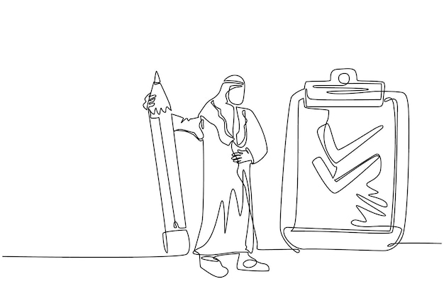 Single continuous line drawing arabian businessman holding a giant pencil effective daily planning