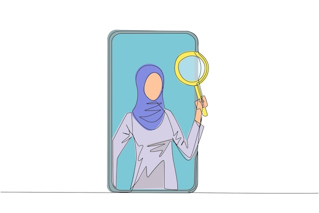 Single continuous line drawing of Arabian businesswoman came out of phone screen holding magnifier