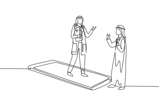 Single continuous line drawing Arabian male doctor standing in front of his standing Arab patient