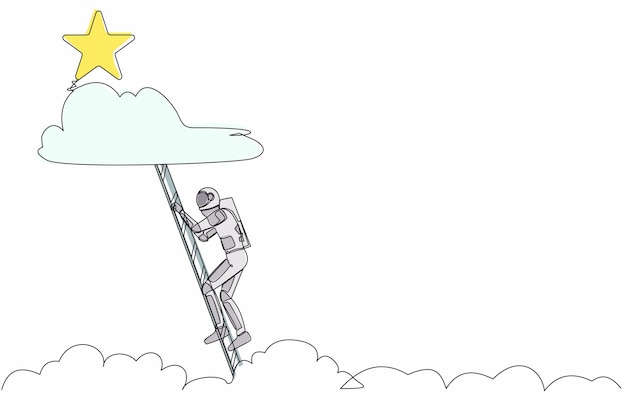 Single continuous line drawing astronaut climbing ladder to reach out for star vector illustration