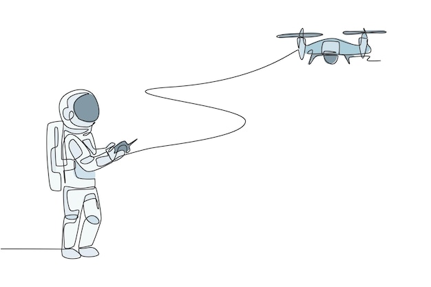 ベクトル 月面ベクトルでドローン飛行機ラジコンを演奏する単一の連続線描画宇宙飛行士