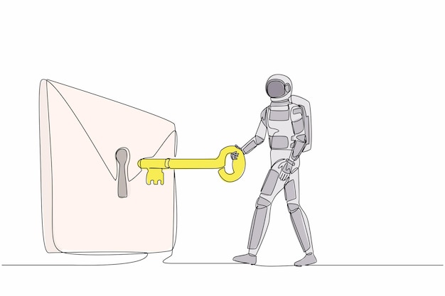 Single continuous line drawing astronaut putting a big key into mail Cosmonaut deep space vector