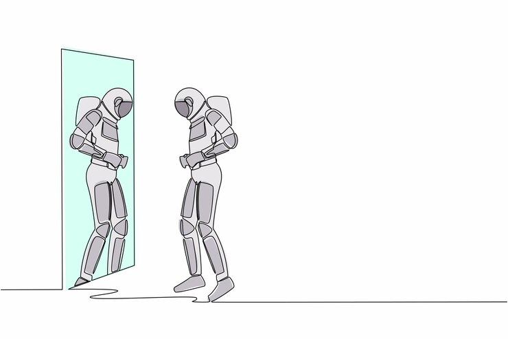 Vector single continuous line drawing astronaut standing front of mirror and see himself getting big belly