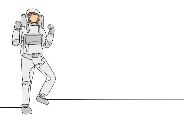 Single continuous line drawing astronaut stands with wearing space suit exploring moon design vector