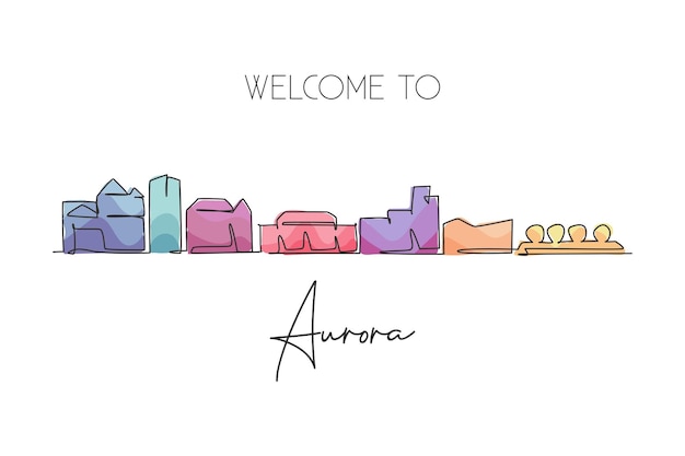 Single continuous line drawing Aurora city skyline Colorado Famous city scraper landscape vector