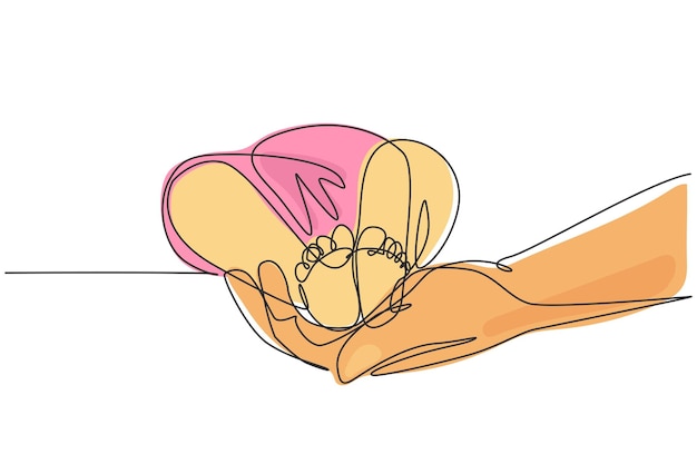 Vector single continuous line drawing baby feet in mother hands tiny newborn baby's feet on female hands