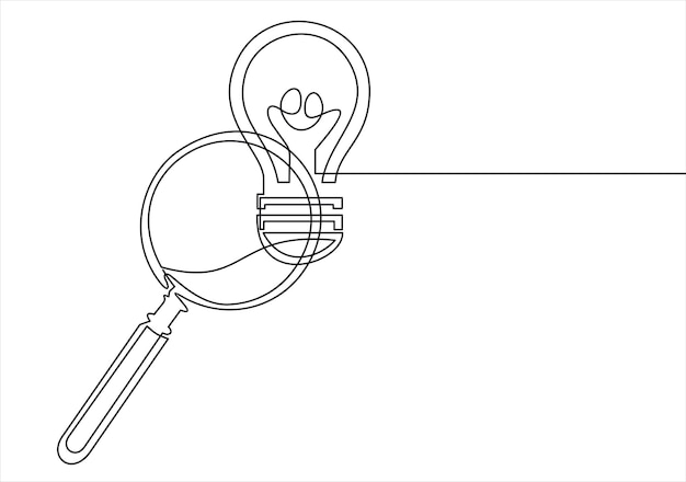 Single continuous line drawing big hand holding magnifying glass highlights lightbulbidea