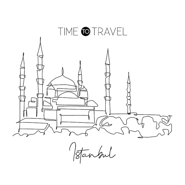 Single continuous line drawing Blue Mosque. Famous Istanbul Turkey travel wall décor design vector