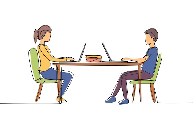 Single continuous line drawing boy and girl students studying with laptop sitting on chairs vector