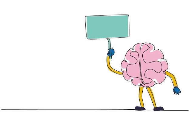 ベクトル マスコットキャラクターのテンプレートで連続した線を描く単一の脳 プラカードを掲げる漫画の脳