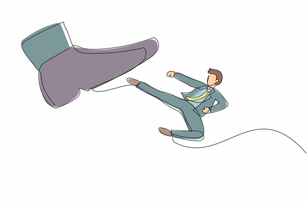 Single continuous line drawing brave businessman kick giant foot stomp male employee doing flying