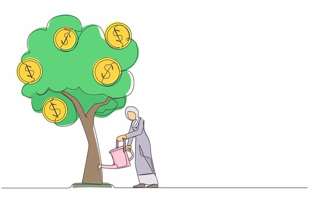 Single continuous line drawing business investment with a money tree watering tree with coins