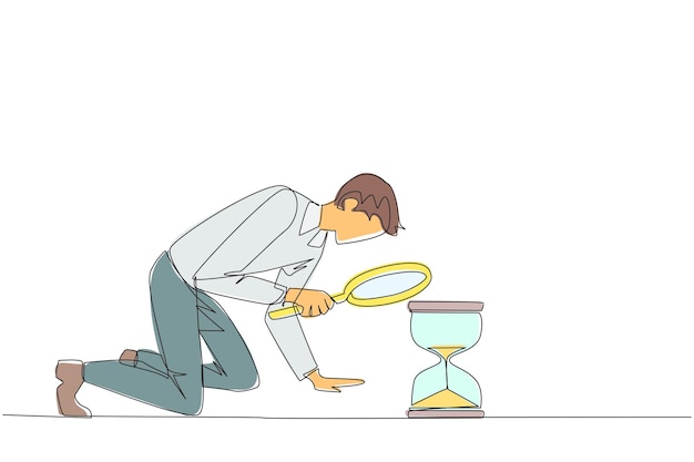 Single continuous line drawing of a businessman holding a magnifying glass and looking hourglass